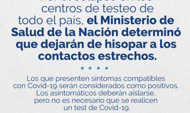 EL MINISTERIO DE SALUD DE LA NACIÓN DETERMINÓ QUE YA NO SE HISOPARÁN LOS CONTACTOS ESTRECHOS DE POSITIVOS CONFIRMADOS DE COVID-19