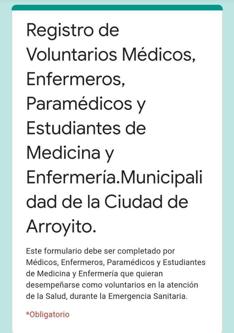 Formulario de registro de Voluntarios Médicos, Enfermeros, Paramédicos y estudiantes de Medicina y Enfermería