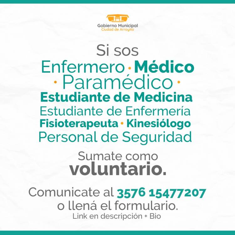 Formulario de registro de Voluntarios Médicos, Enfermeros, Paramédicos, estudiantes de Medicina y Enfermería, Fisioterapeutas, Kinesiólogos y personal de Seguridad