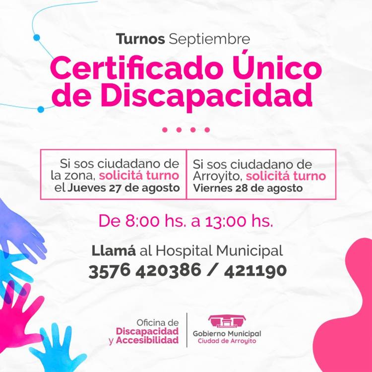 TURNOS PARA CERTIFICADO ÚNICO DE DISCAPACIDAD: MES DE SEPTIEMBRE