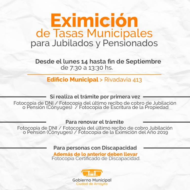 CONTINÚAN LOS TRÁMITES DE EXIMICIONES PARA JUBILADOS, PENSIONADOS Y PERSONAS CON DISCAPACIDAD