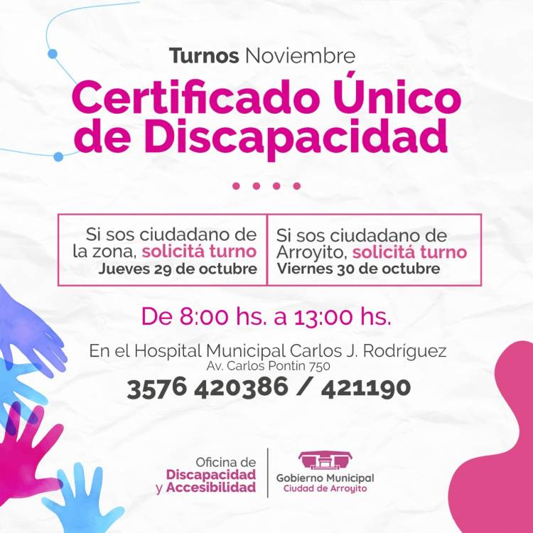 TURNOS PARA CERTIFICADO ÚNICO DE DISCAPACIDAD: MES DE NOVIEMBRE