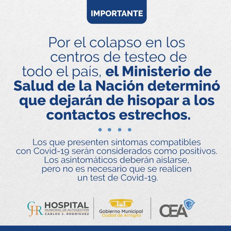 EL MINISTERIO DE SALUD DE LA NACIÓN DETERMINÓ QUE YA NO SE HISOPARÁN LOS CONTACTOS ESTRECHOS DE POSITIVOS CONFIRMADOS DE COVID-19